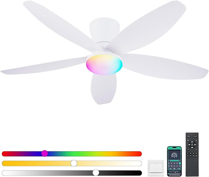 Flush Mount RGB Ceiling Fans with Lights-48 Low Profile Ceiling Fan with Light and Remote/APP Control,DC Reversible,LED Dimmable Ceiling Fans for Bedroom,Indoor/Outdoor Patio Use(White)