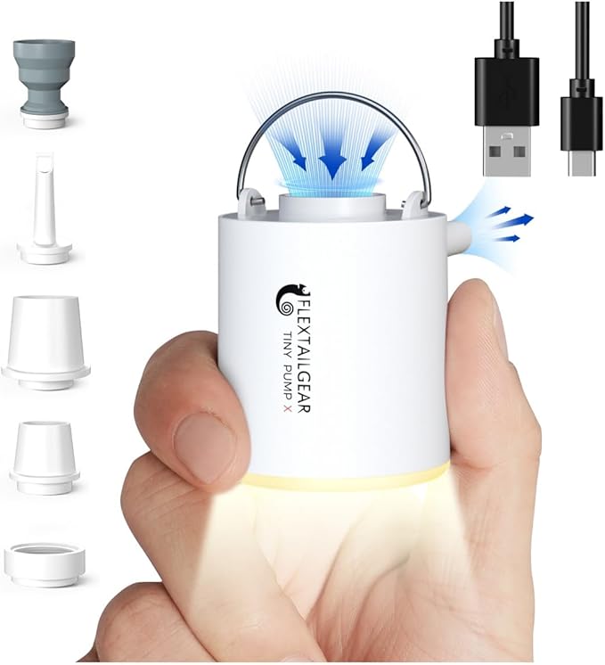 FLEXTAILGEAR Tiny Pump X Portable Air Pump+ Camping Light Ultra-Mini Air Pump with 1300mAh Battery USB Rechargeable for Sleeping Pads Pool Floats Air Bed Air Mattress Swimming Ring