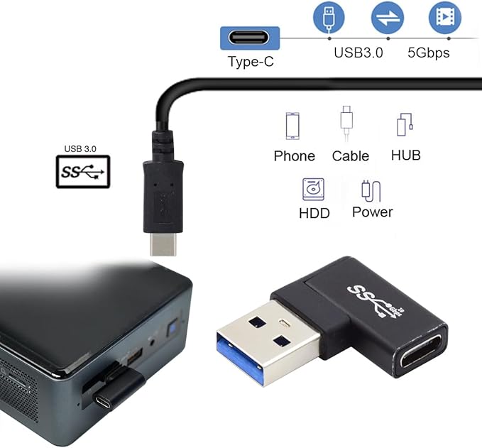 CY USB-C Type C Female to USB 3.0 A Male Data Adapter Flat Horizontal 90 Degree Left Angled for Laptop Desktop