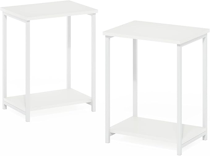 Furinno Simplistic Side Table Set of 2, 2-Tier Metal Frame End Table with Open Shelf, Night Stand, Bedside Table, for Living Room, Bedroom, White