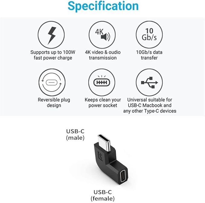 90 Degree Type USB C Adapter, 2 Pack USB C to USB-C Fast Charger and Transfer Converter [Right Angle] Compatible for Switch, Notebook Computers, Tablet, and Other Type C Cable Devices