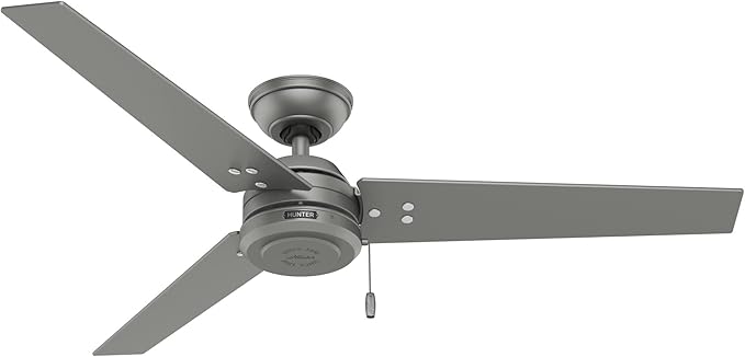Hunter 52 inch Outdoor or Indoor Ceiling Fan No Light - Silver Ceiling Fan without Light, For Patio, Porch, Garage, or Living Room, Standard Mount, 3 Blades, Pull Chain - Cassius 59262, Matte Silver