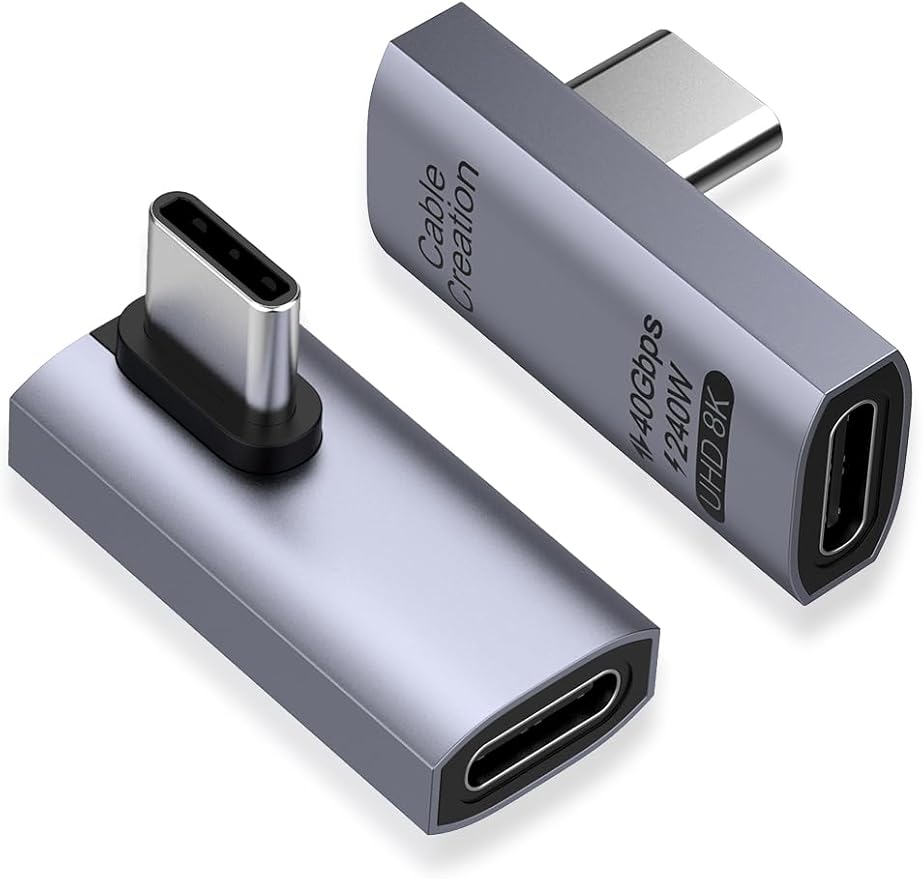 CableCreation 90 Degree USB C Adapter 2 Pack, Right Angle USB C Male to Female Adapter 40Gbps 240W Compatible with Steam Deck, ROG Ally, Switch, Notebook, PC, Tablet, Phone and More, Middle Angle