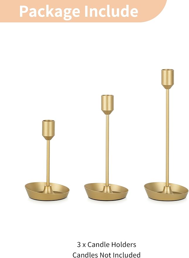 NUPTIO Taper Candle Holders for Centerpiece: 3 Pcs Matte Gold Candlestick Holder for Wedding - Brass Tall Candle Stick Holder for Christmas Party Dinner Table Fireplace Decor
