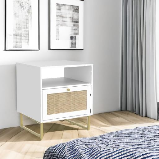 Nathan James Mina Rattan Wood End Side Accent Table Nightstand with Storage for Living Room or Bedroom, 1, White/Gold