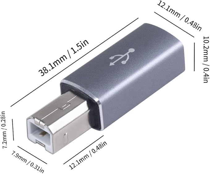 Danfetsoy USB B to USB C Adapter, Type B Male to Type C Female Printer Adapter Suitable for Printer, Scanner, Electric Piano, Laptops, etc (2pack, Grey)