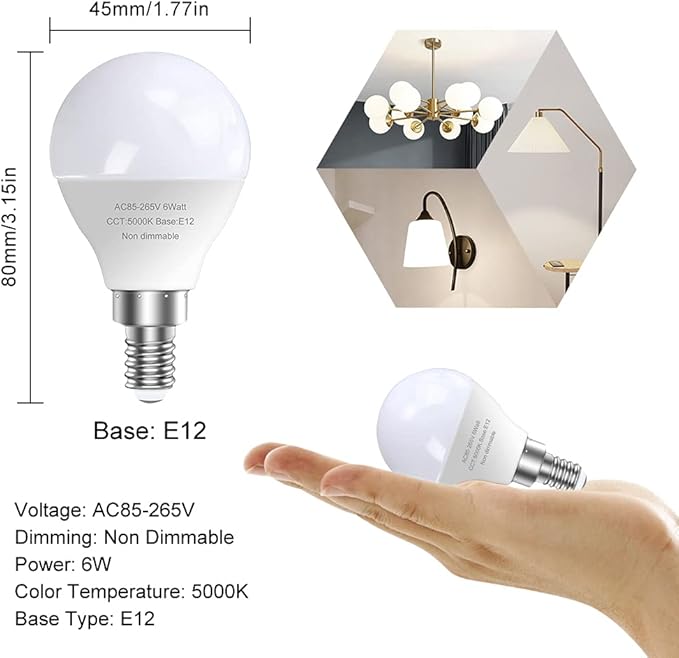 GOSCHE 6 Pack Bright Ceiling Fan Light Bulbs, 60 Watt Equivalent, E12 Led Bulb, A15 Shape Candelabra Base Chandelier Light Bulb, 120V Small Bulb, Non-Dimmable, Daylight 5000K, 6 Pcs