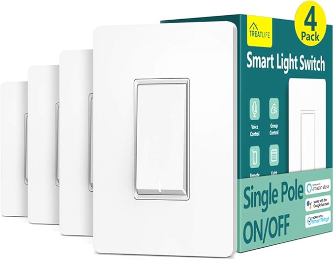 TREATLIFE Smart Light Switch Single Pole Works with Alexa, Google Home and SmartThings, 2.4GHz WiFi Timer Smart Switch, Neutral Wire Required, No Hub Required, FCC Listed, 4 Pack