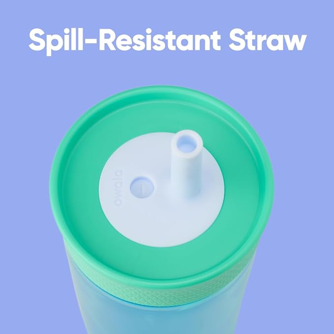Owala Kids BPA-Free Plastic Tumbler with Spill Resistant Flexible Straw, Easy to Clean, Kids Water Bottle, Great for Travel, Dishwasher Safe, 15 Oz, Teal and Aqua (The Blues)
