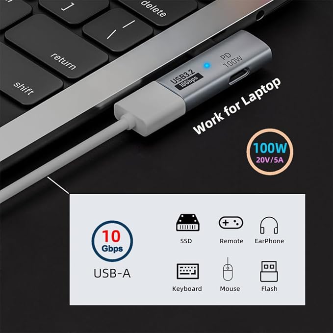 xiwai 2-in-1 USB-C Type-C to USB 3.0 Female Power Adapter with 100W Charging Port 10Gbps OTG Converter Laptop Tablet Phone