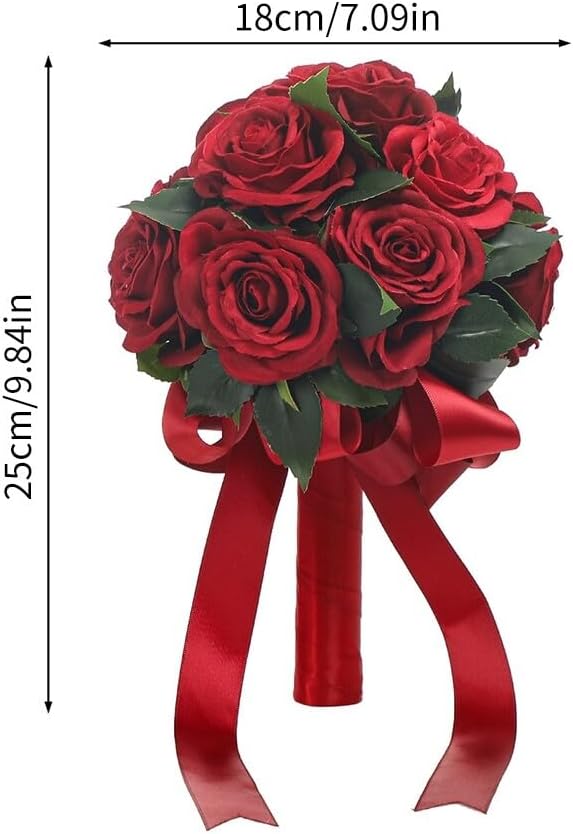 Wedding Bouquet Bride Flower Bridal Bouquets, Ribbon Artificial Rose Wedding Bouquets for Bride Bridesmaid Bouquet Dark Red Rose Bouquet Bride Bridesmaid Holding Flower for Wedding Decor