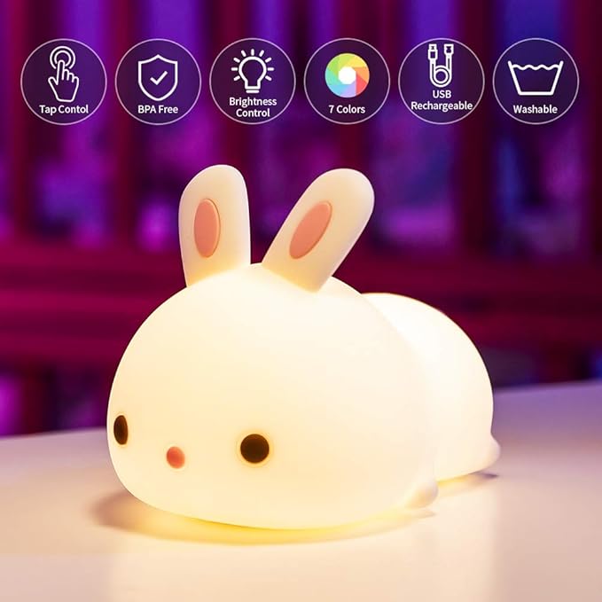 Mubarek Cute Night Light for Kids,16 Colors Kids Night Light for Girls Bunny Lamp,Dimmable Bunny Lamp,Tap Control+Rechargeable Gifts for Teen, Cute Room Decor for Teen Girls Gifts