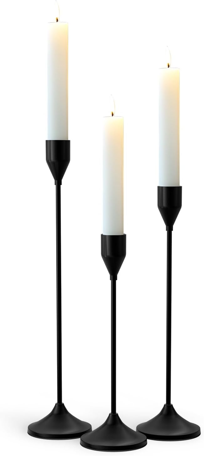 Brass Black Metal Taper Candle Holder, Vintage Candlestick Holders, Candle Sticks Holder Decor for Wedding Wedding, Dinning, Party, Fits 3/4 inch Thick Candle&Led Candles (Set of 3 Pcs)