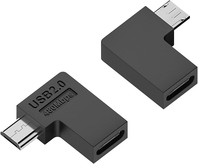 QIANRENON USB C to Micro USB 90° Angle Charging Data Connector Plug USB C Female to Micro USB Male Right Angle Adapter 10W (5V2A) 480Mbps, for Phone MP3 MP4 Digital Camera, 2Pcs (Right Angle)