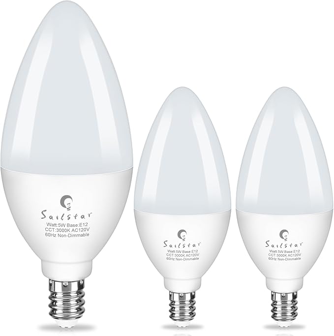 Sailstar Light Bulbs 60 Watt Equivalent, E12 Candelabra LED Light Bulbs, 3000K White, 500LM Ceiling Fan Light Bulbs, B11 Type B Bulb, Small Base Chandelier Light Bulbs 5W, CRI 85, Non-dimmable, 3 Pack