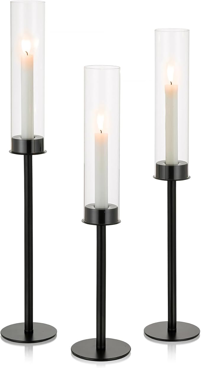 NUPTIO Hurricane Glass Candle Holders: 3 Pcs 23.6 & 21.7 & 19.7 in Tall Black Modern Metal Candlestick Tapers Holder with Cylinder Sleeves Antique Taper Candles Stand for Halloween Christmas Decor