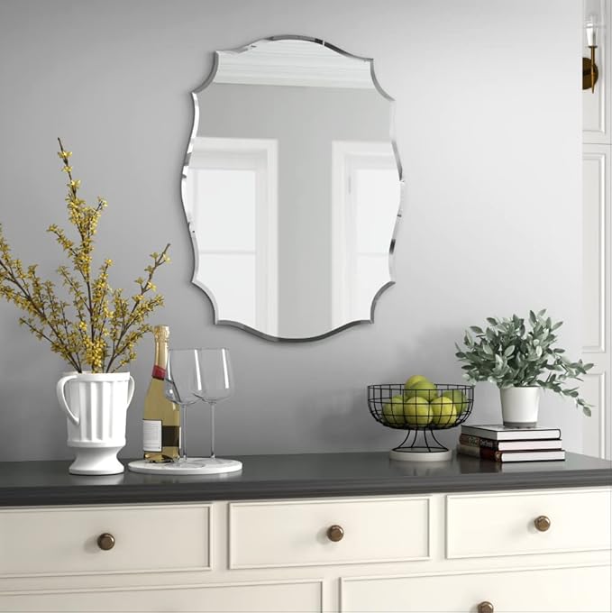 KOHROS Scalloped Bathroom Mirrors for Over Sink 18" x 24" Silver Frameless Beveled Edge Wall Mirror for Bathroom Vanity Entryway