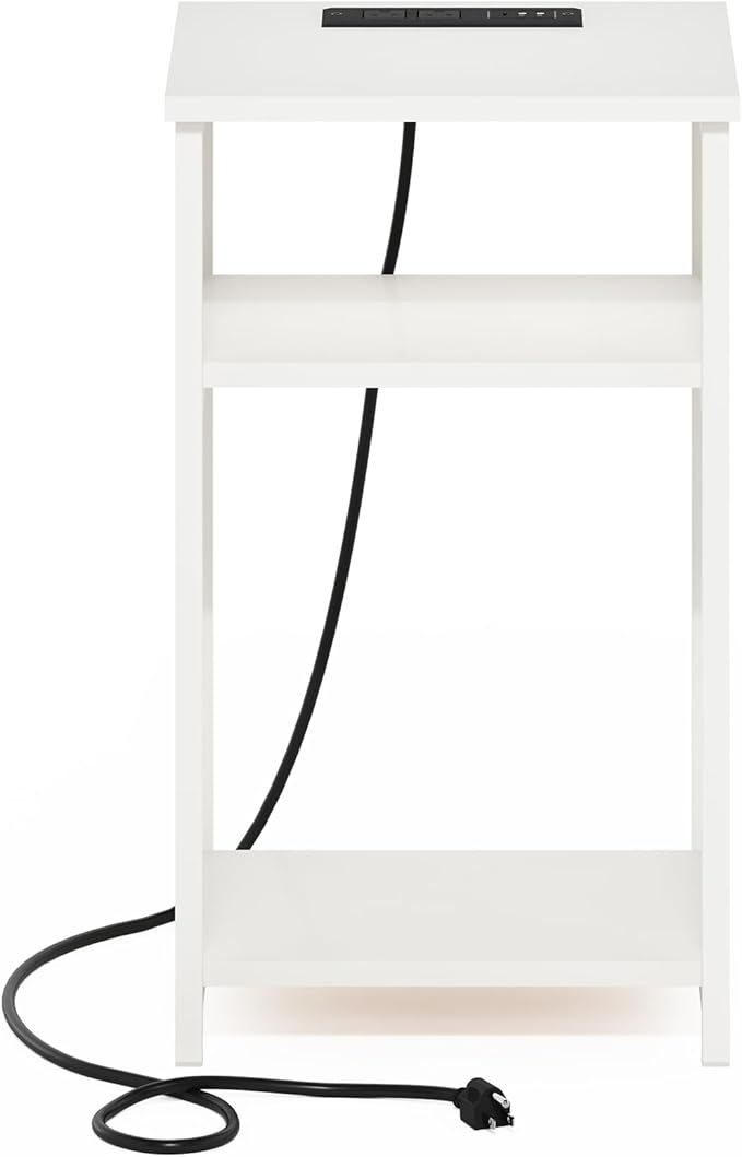 Furinno Moretti Side Table, 3-Tier End Table with Charging Station, Metal Frame Night Stand, Bedside Table with USB and Type-C Charging Port, for Living Room, Bedroom, White