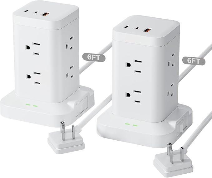 2Pack Power Strip Tower with Surge Protector 1800J, Fast Charging Tower PD20W USB-C Ports with 8 AC Outlets, 10ft Extension Cord for Home Office Dorm Room, White
