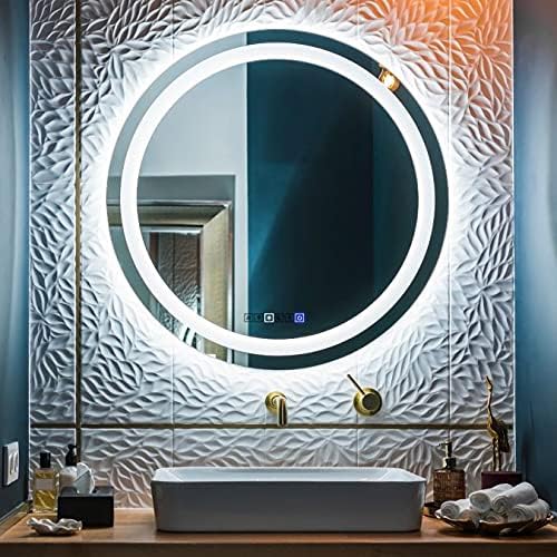 LED Round Bathroom Mirror, Wall Mounted Vanity Makeup Mirror with Anti Fog, Dimmable Touch Button, Adjustable Color Temperature, Memory Function 28 Inch by Fab Glass and Mirror
