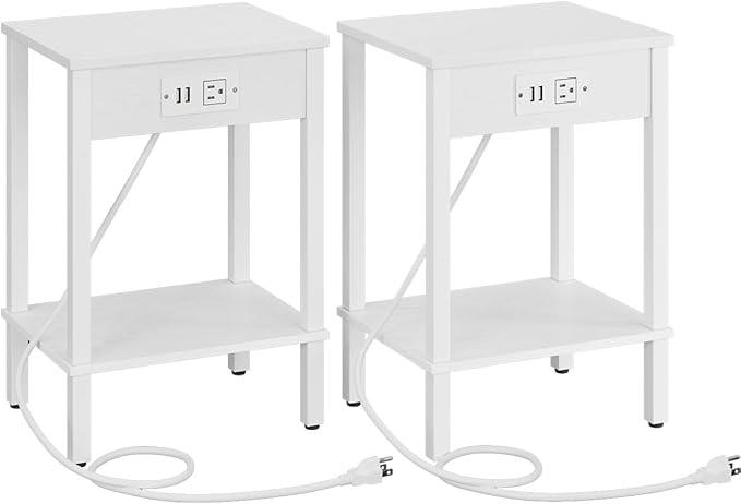 VIMBER Set of 2 End Table with Charging Station, Narrow Side Table with USB Ports and Outlets, Nightstands with 2-Tier Storage Shelves, Sofa Table for Small Space Living Room Bedroom, White UTBT102W2