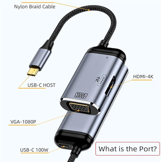 NFHK USB-C Type C to HDMI VGA Converter HDTV Multiport Displays Adapter 4K 60hz 1080p with Female PD 100W Power Port