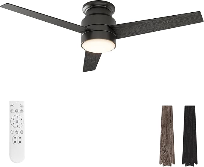 warmiplanet Flush Mount Ceiling Fan with Lights Remote Control, 52-Inch, Black, 3-Blades