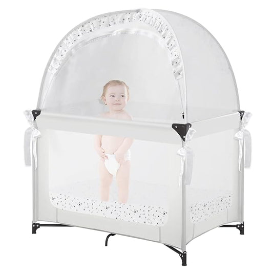 Baby Pack N Play Tent, Pack and Play Canopy to Keep Baby in, Portable Crib Net for Playards, Mini Crib Tent with See Through Mesh, Easy Installation and Transportation White+stars