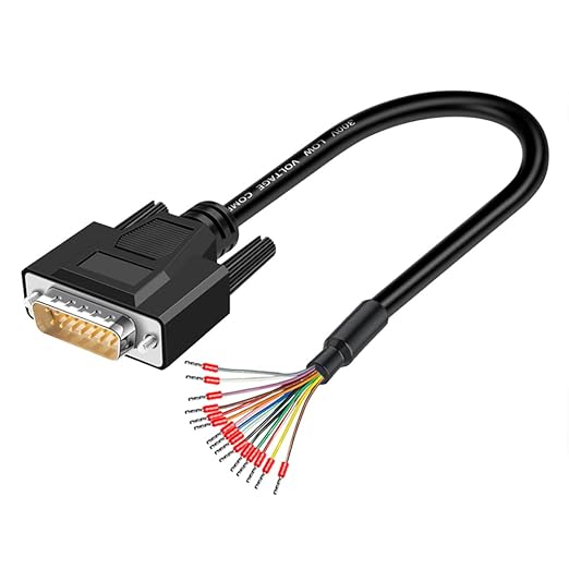 DB15 Male Solderless Breakout Connector with 5Ft 26AWG Replacement Cable, Plastic Shell RS232 D-SUB Serial to 15-Pin Port Terminal Male Adapter Connector Breakout Board