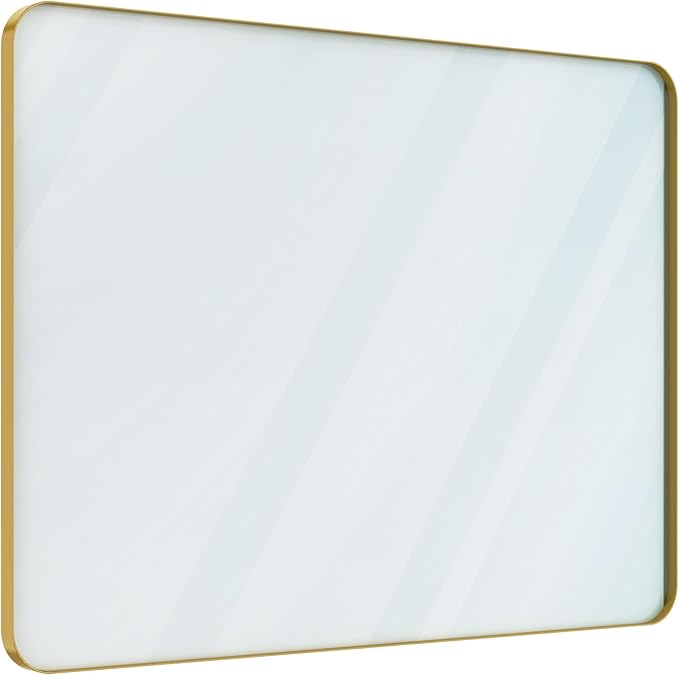 VocalStar Gold Bathroom Mirror for Wall, 40 x 30 Inch Metal Framed Rounded Rectangle Vanity Mirror Modern Farmhouse, 1/4-inch Shatterproof Glass | Ultra-Flush Hanging