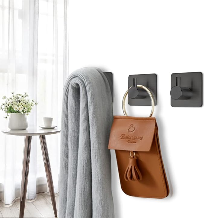 Black Adhesive Towel Hooks Heavy Duty Stick on Wall Hooks Shower Hooks for Bathroom Kitchen Door-4 Packs