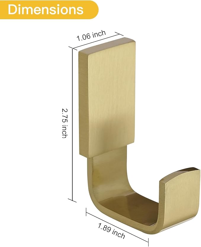 BESy Brass Clothes Hook Single Towel Hook for Bathroom Kitchen Garage Square Style Robe Hooks Coat and Hat Hook, Self Adhesive with Glue or Wall Mounted with Screws, Four Packs, Brushed Gold