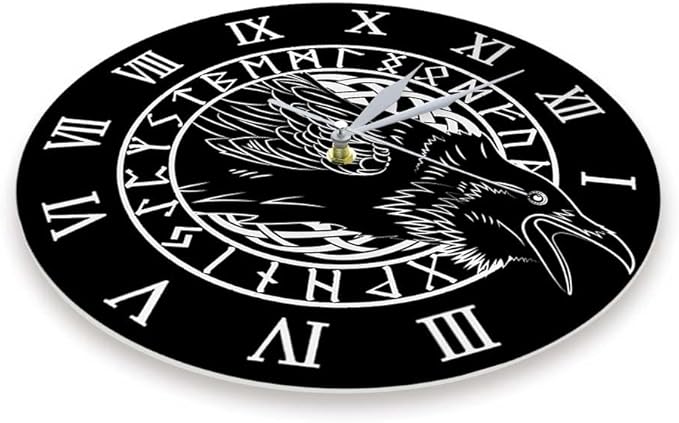 Geek Alerts Cawing Black Crow with Roman Numerals Silent Wall Clock 12inch Viking Odin Raven with Scandinavian Runes Battery Operated Quartz Watch