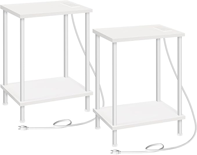 HOOBRO Side Table with Charging Station, Set of 2 End Tables with USB Port and Outlets, Nightstand with 2-Layer Storage Shelves for Small Spaces, Living Room, Bedroom, White WW09UBZP201