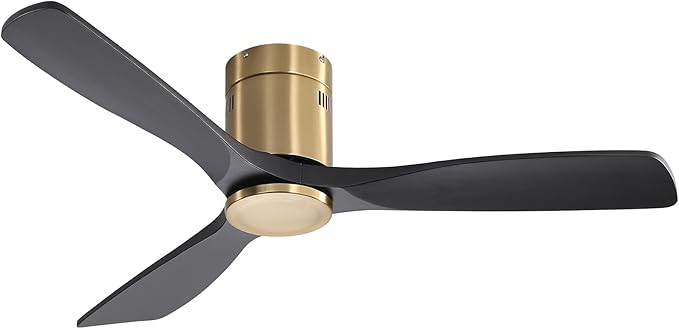 Sofucor 52 Inch Solid Wood Ceiling Fan Without Lights Flush Mount Ceiling Fans with Remote Control-Wood Blades Modern Outdoor Ceiling Fan No Light for Bedroom/Farmhouse/Patio/Indoor, Black Gold