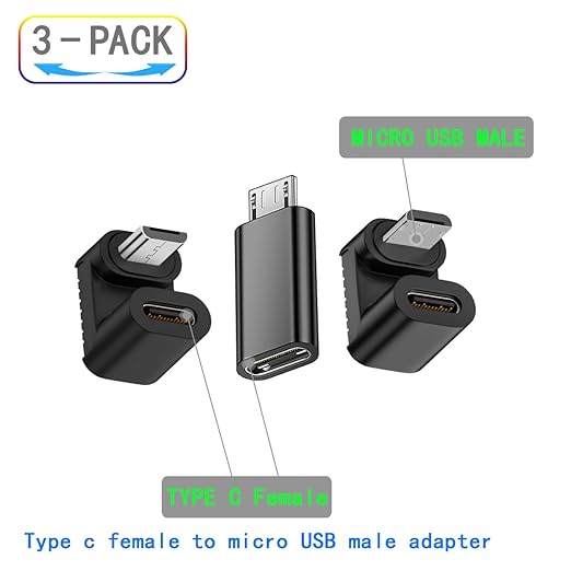 360Degree Angled Type USB-C USB2.0 Type C Female to Micro USB Male Power Data Adapter,3 Pack