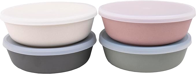 WeeSprout Bamboo Kids Bowls with Lids, Set of Four 15 oz Kid-Sized Dinnerware, Cereal, Leftovers & Snack Bowl, Dishwasher Safe (Pink, Green, Gray, & Beige)