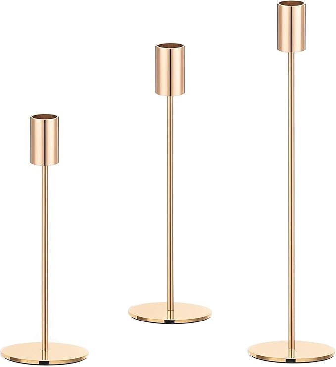 Set of 3 Gold Taper Candle Holders, Metal Gold Candlestick Holders, Tall Candle Holder, Fits 3/4 inch Thick Candle&Led Candles, for Table Centerpiece, Wedding, Dinning, Party Home Decor