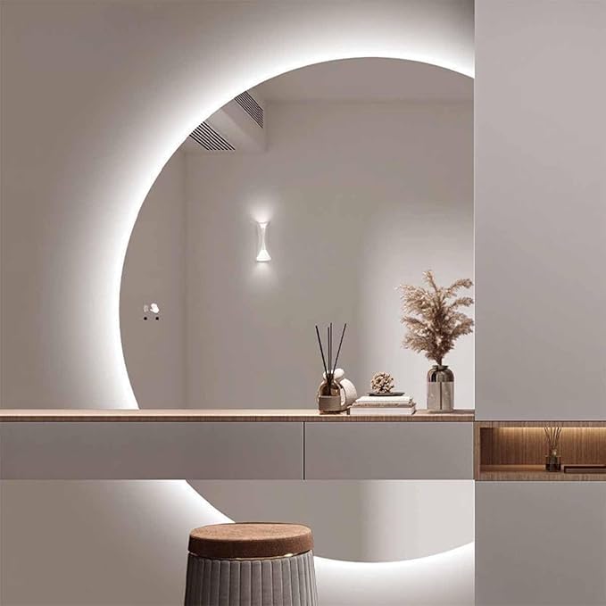 47" Half Moon LED Bathroom Mirror,Frameless Backlit Wall Mirror, Anti-Fog Smart Vanity Mirror,3 Colors Lights Dimmable Brightness and Time,Touch Switch(Left Semicircle,47 * 33in)