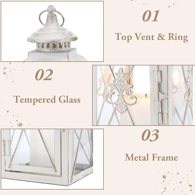 TRIROCKS Set of 2 Vintage Hanging Lantern - 13.5'' Decorative Metal & Tempered Glass Candle Holder - Ideal for Indoor/Outdoor Events, Patio, Garden, Parties White & Gold Brush Finish