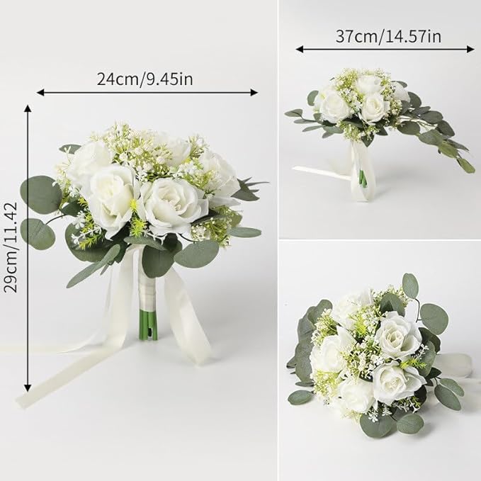 Wedding Rose Bouquet Bridesmaid Flower Bouquets, Artificial Rose White Wedding Bouquets for Bride Bridesmaid Bouquet Faux Bouquet Bride Bridesmaid Holding Flower for Wedding Decor