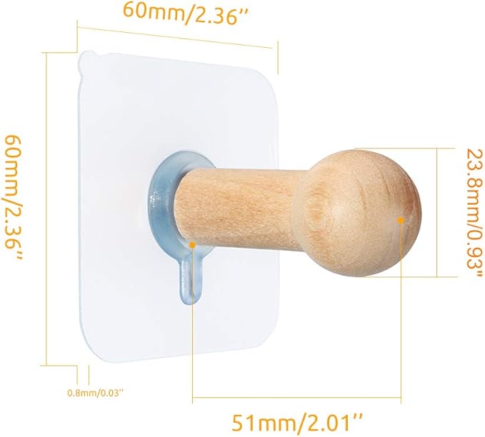 Wooden Adhesive Hat Hooks for Wall 8lb-No Drill Adhesive Hangers, Sticky Hat Hanger Stick On Door Closet Cabinet Wardrobe Entryway-8 Packs