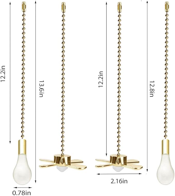 Ceiling Fan Pull Chain, 13.6 Inches Fan Pulls Set with Connector, 2 PCS Beaded Ball Fan Pull Chain- Brass