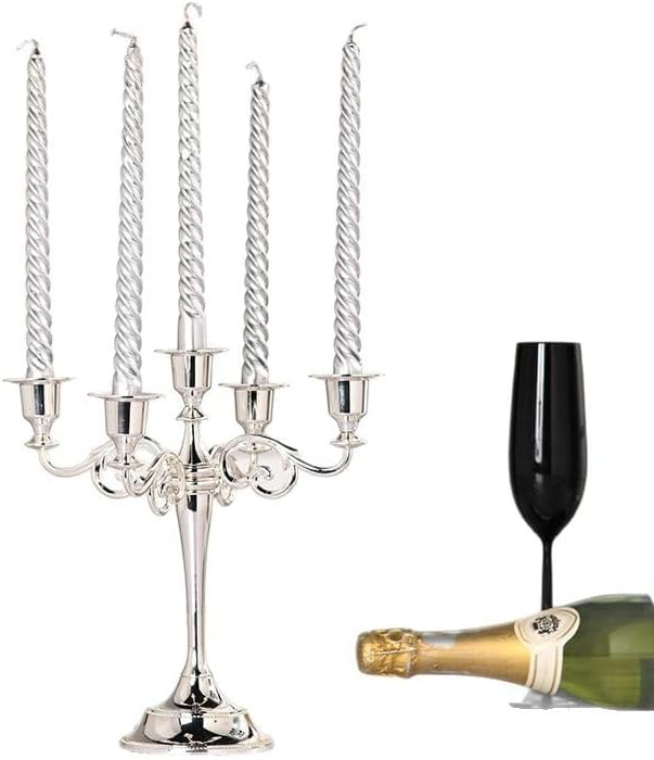 Black Candelabra Candle Holders for Pillar Candles 10.6 inch Tall, 5 Candle Candlestick Holder for 1/2-1 inch Taper Candles Halloween Candelabra Decoration Easy Assembly (Silver)