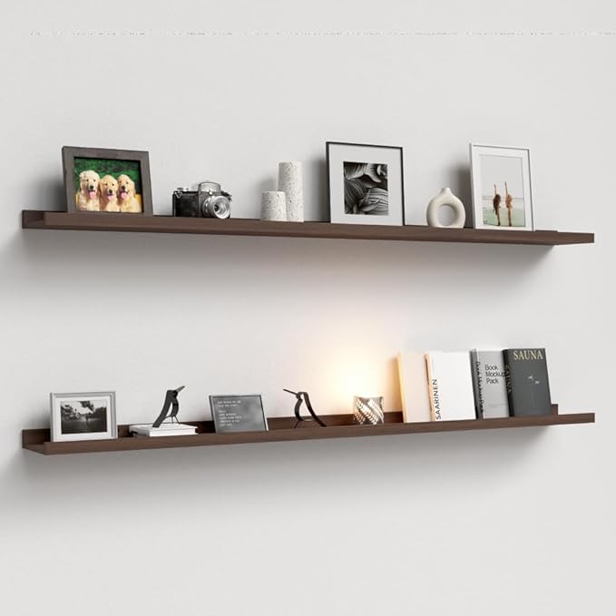 55.1 Inches Long Floating Shelves, 2 Set Rustic Wall Shelf for Bedroom, Nursery Book Shelf with Lip, Picture Ledge Shelf for Living Room, Bathroom, Kitchen - Walnut