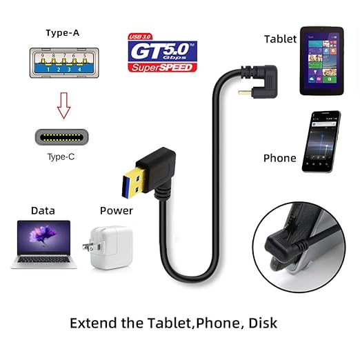 NFHK Right Angled USB3.0 Type-A to Type C USB-C Male to Male Power Data Cable 5Gbps USB-C Opposite U Shape Back Angled