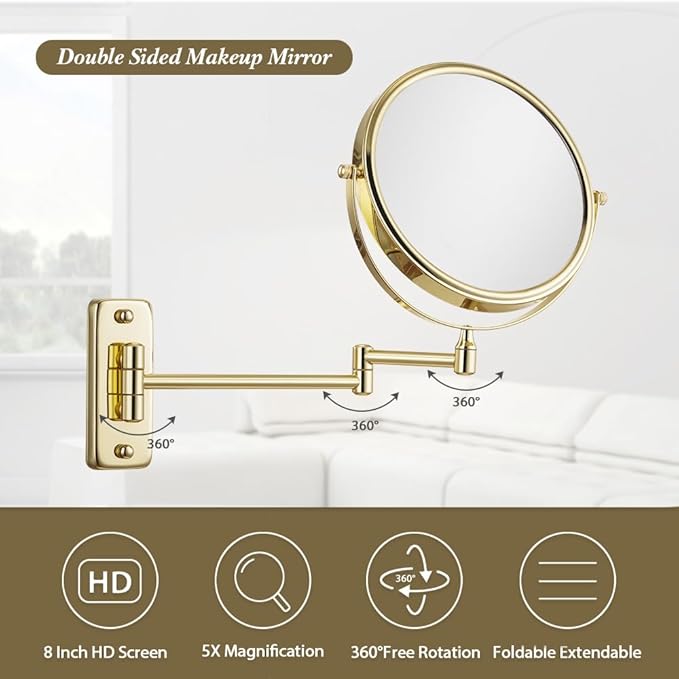 Cerdeco 8 Inch Double Sided Makeup Wall Mount Mirror with Gold Plated Finish 360 Swivel Extendable Cosmetic Shaving Mirror