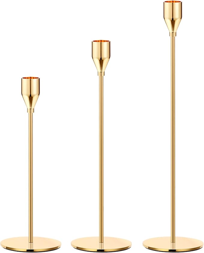 Gold Candle Holders Gold Taper Candle Holder Metal Candle Holder for Wedding, Dinning, Party, Fits 3/4 inch Thick Candle&Led Candles (Set of 3 Pcs)