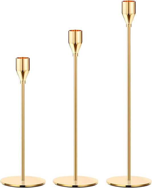 Gold Candle Holders Gold Taper Candle Holder Metal Candle Holder for Wedding, Dinning, Party, Fits 3/4 inch Thick Candle&Led Candles (Set of 3 Pcs)