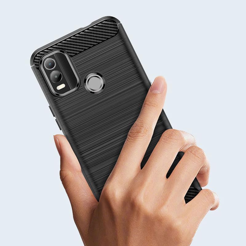 Nokia C21 Plus Case with HD Screen Protector - Non-Slip Shock-Absorption Flexible TPU Carbon Fiber Bumper, Navy